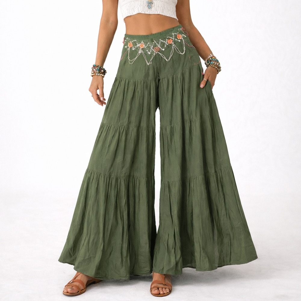 SPYZONE EXCHANGE Cotton Wide Leg Palazzo Pants Embroidered Rhinestones Green S